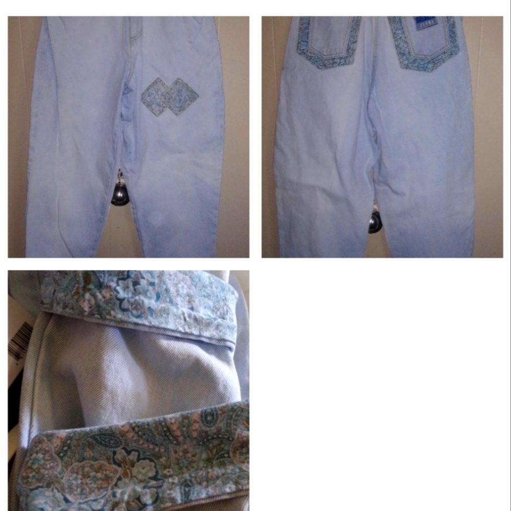 Vintage junior women's Breaker  jeans white wash with blue paisley trim size 11